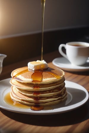 Delicious plate of pancakes on a dining table in the kitchen, syrup on pancakes, comfortable light ,romantic light, ultra details ,photorealistic, realistic ,gel lighting, Cinematic, Filmic, medium shot, 4k, Front-light, Cinematic Lighting, volumetric Light, Ray Tracing Reflections, Chromatic Aberration, photography, hyper realistic, 4k, 8k,closeup , 
