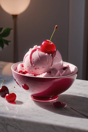 Delicious bowl of cherry ice cream on a dining table in the kitchen, comfortable light ,romantic light, ultra details ,photorealistic, realistic ,gel lighting, Cinematic, Filmic, medium shot, 4k, Front-light, Cinematic Lighting, volumetric Light, Ray Tracing Reflections, Chromatic Aberration, photography, hyper realistic, 4k, 8k,closeup , 
