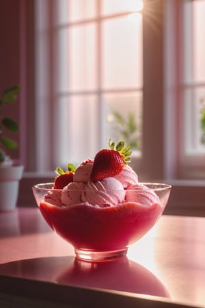 Delicious bowl of strawberry ice cream on a dining table in the kitchen, comfortable light ,romantic light, ultra details ,photorealistic, realistic ,gel lighting, Cinematic, Filmic, medium shot, 4k, Front-light, Cinematic Lighting, volumetric Light, Ray Tracing Reflections, Chromatic Aberration, photography, hyper realistic, 4k, 8k,closeup , 

