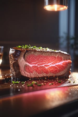Delicious glowing steak on a dining table in the kitchen, comfortable light ,romantic light, ultra details ,photorealistic, realistic ,gel lighting, Cinematic, Filmic, medium shot, 4k, Front-light, Cinematic Lighting, volumetric Light, Ray Tracing Reflections, Chromatic Aberration, photography, hyper realistic, 4k, 8k,closeup 
