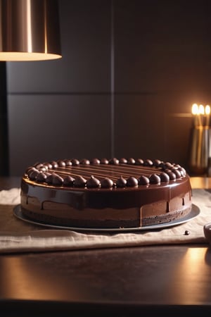 Delicious giant chocolate cheesecake on a dining table in the kitchen, comfortable light ,romantic light, ultra details ,photorealistic, realistic ,gel lighting, Cinematic, Filmic, medium shot, 4k, Front-light, Cinematic Lighting, volumetric Light, Ray Tracing Reflections, Chromatic Aberration, photography, hyper realistic, 4k, 8k,closeup , 
