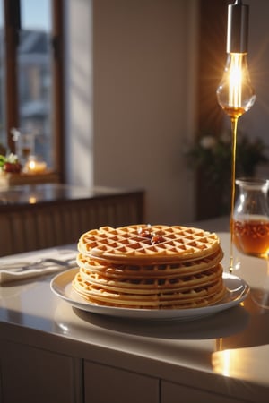 Delicious plate of tall waffles on a dining table in the kitchen, syrup on waffles, comfortable light ,romantic light, ultra details ,photorealistic, realistic ,gel lighting, Cinematic, Filmic, medium shot, 4k, Front-light, Cinematic Lighting, volumetric Light, Ray Tracing Reflections, Chromatic Aberration, photography, hyper realistic, 4k, 8k,closeup , 
