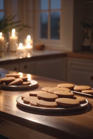 Delicious gingerbread cookies on a dining table in the kitchen, comfortable light ,romantic light, ultra details ,photorealistic, realistic ,gel lighting, Cinematic, Filmic, medium shot, 4k, Front-light, Cinematic Lighting, volumetric Light, Ray Tracing Reflections, Chromatic Aberration, photography, hyper realistic, 4k, 8k,closeup 
