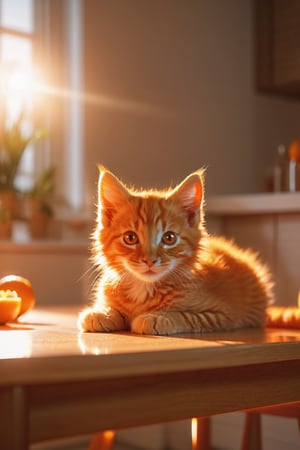 glowing orange kitten on a dining table in the kitchen, comfortable light ,romantic light, ultra details ,photorealistic, realistic ,gel lighting, Cinematic, Filmic, medium shot, 4k, Front-light, Cinematic Lighting, volumetric Light, Ray Tracing Reflections, Chromatic Aberration, photography, hyper realistic, 4k, 8k,closeup 

