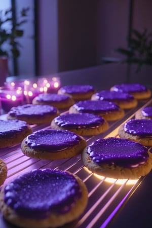 Delicious glowing ube cookies on a dining table in the kitchen, comfortable light ,romantic light, ultra details ,photorealistic, realistic ,gel lighting, Cinematic, Filmic, medium shot, 4k, Front-light, Cinematic Lighting, volumetric Light, Ray Tracing Reflections, Chromatic Aberration, photography, hyper realistic, 4k, 8k,closeup 
