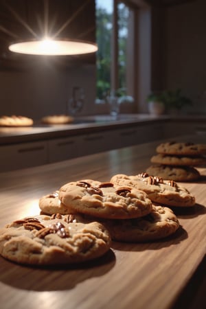 Delicious glowing pecan cookies on a dining table in the kitchen, comfortable light ,romantic light, ultra details ,photorealistic, realistic ,gel lighting, Cinematic, Filmic, medium shot, 4k, Front-light, Cinematic Lighting, volumetric Light, Ray Tracing Reflections, Chromatic Aberration, photography, hyper realistic, 4k, 8k,closeup 
