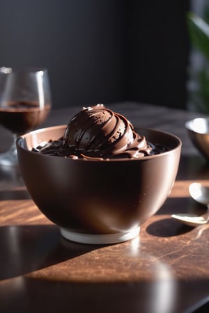 Delicious bowl of chocolate ice cream on a dining table in the kitchen, comfortable light ,romantic light, ultra details ,photorealistic, realistic ,gel lighting, Cinematic, Filmic, medium shot, 4k, Front-light, Cinematic Lighting, volumetric Light, Ray Tracing Reflections, Chromatic Aberration, photography, hyper realistic, 4k, 8k,closeup , 
