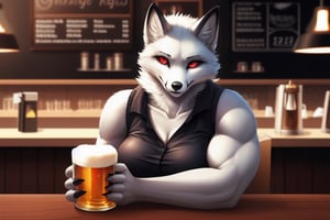 masterpiece, \(high, top, insane, extreme, perfect, Professional\)_\(quality, resolution, details, Image_sharpness\), intricate, high_\(quality_textures, resolution_textures\), absurdres, sharp details, award_winning, 8k uhd, realistic, female, arctic_fox, white_fur, café, red_eyes, furred_clothing, slit_pupils, blue_pupils,muscular, tall, fox_tail, finger_claws, fox_eyeliner, beer_mug, 