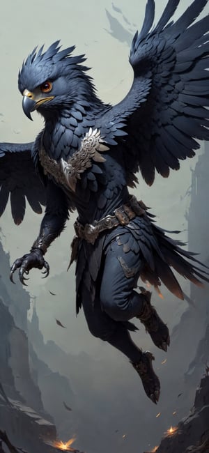 harpy eagle, (fyling around), sprinting, torn flesh, tattered clothes, fantasy magic, undercut hairstyle, dark light night, intricate, elegant, sharp focus, illustration, highly detailed, digital painting, concept art, matte, art by wlop and artgerm and greg rutkowski and alphonse mucha, masterpiece, monster