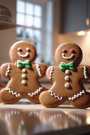 Delicious gingerbread men cookies on a dining table in the kitchen, comfortable light ,romantic light, ultra details ,photorealistic, realistic ,gel lighting, Cinematic, Filmic, medium shot, 4k, Front-light, Cinematic Lighting, volumetric Light, Ray Tracing Reflections, Chromatic Aberration, photography, hyper realistic, 4k, 8k,closeup 
