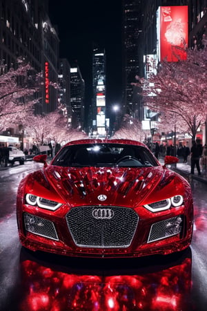 crystalz, red super sport in gotham city by night,, appearence resembling a skull, A hyper-realistic 64k digital rendering, ultra fine detail, saturated colors, fisheye, chiaroscuro effect, high contrast, 64k, car,c_car,Concept Cars,chrometech, crystals on car, 