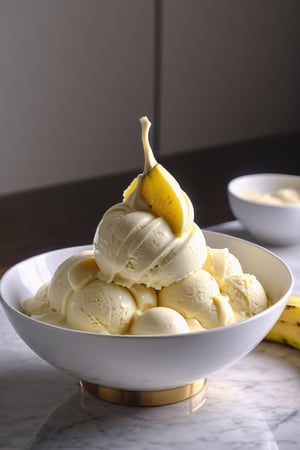 Delicious bowl of banana ice cream on a dining table in the kitchen, comfortable light ,romantic light, ultra details ,photorealistic, realistic ,gel lighting, Cinematic, Filmic, medium shot, 4k, Front-light, Cinematic Lighting, volumetric Light, Ray Tracing Reflections, Chromatic Aberration, photography, hyper realistic, 4k, 8k,closeup , 
