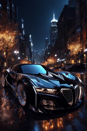 crystalz, batman style car in gotham city by night,, appearence resembling a skull, A hyper-realistic 64k digital rendering, ultra fine detail, saturated colors, fisheye, chiaroscuro effect, high contrast, 64k, car,c_car,Concept Cars,chrometech, 