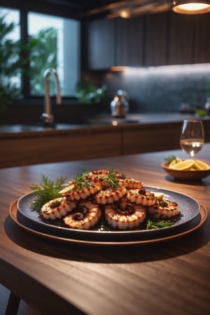 Delicious plate of grilled octopus on a dining table in the kitchen, comfortable light ,romantic light, ultra details ,photorealistic, realistic ,gel lighting, Cinematic, Filmic, medium shot, 4k, Front-light, Cinematic Lighting, volumetric Light, Ray Tracing Reflections, Chromatic Aberration, photography, hyper realistic, 4k, 8k,closeup 
