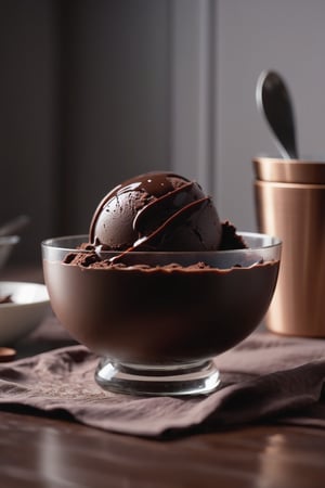 Delicious bowl of chocolate ice cream on a dining table in the kitchen, comfortable light ,romantic light, ultra details ,photorealistic, realistic ,gel lighting, Cinematic, Filmic, medium shot, 4k, Front-light, Cinematic Lighting, volumetric Light, Ray Tracing Reflections, Chromatic Aberration, photography, hyper realistic, 4k, 8k,closeup , 
