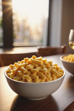 Delicious bowl of mac and cheese on a dining table in the kitchen, comfortable light ,romantic light, ultra details ,photorealistic, realistic ,gel lighting, Cinematic, Filmic, medium shot, 4k, Front-light, Cinematic Lighting, volumetric Light, Ray Tracing Reflections, Chromatic Aberration, photography, hyper realistic, 4k, 8k,closeup , 
