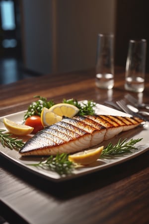 Delicious plate of grilled shark on a dining table in the kitchen, comfortable light ,romantic light, ultra details ,photorealistic, realistic ,gel lighting, Cinematic, Filmic, medium shot, 4k, Front-light, Cinematic Lighting, volumetric Light, Ray Tracing Reflections, Chromatic Aberration, photography, hyper realistic, 4k, 8k,closeup 
