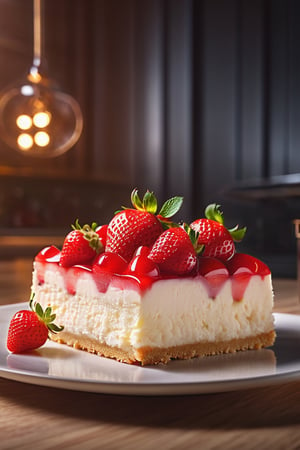 Delicious giant strawberry cheesecake on a dining table in the kitchen, comfortable light ,romantic light, ultra details ,photorealistic, realistic ,gel lighting, Cinematic, Filmic, medium shot, 4k, Front-light, Cinematic Lighting, volumetric Light, Ray Tracing Reflections, Chromatic Aberration, photography, hyper realistic, 4k, 8k,closeup , 
