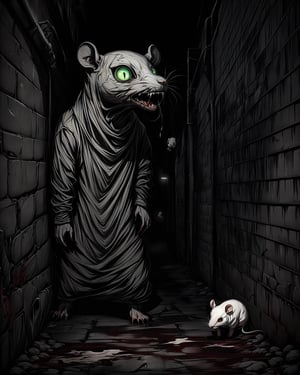 darkart, rat, alleyway,, scary, disturbing, chilling, horrified ,darkart,modelshoot style,scary,dark, blood, green_eyes, 