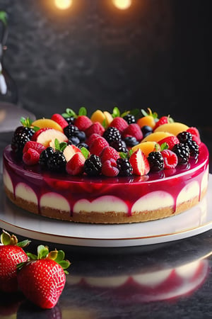 Delicious giant fruit cheesecake on a dining table in the kitchen, comfortable light ,romantic light, ultra details ,photorealistic, realistic ,gel lighting, Cinematic, Filmic, medium shot, 4k, Front-light, Cinematic Lighting, volumetric Light, Ray Tracing Reflections, Chromatic Aberration, photography, hyper realistic, 4k, 8k,closeup , 
