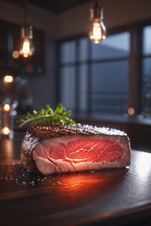 Delicious glowing steak on a dining table in the kitchen, comfortable light ,romantic light, ultra details ,photorealistic, realistic ,gel lighting, Cinematic, Filmic, medium shot, 4k, Front-light, Cinematic Lighting, volumetric Light, Ray Tracing Reflections, Chromatic Aberration, photography, hyper realistic, 4k, 8k,closeup 
