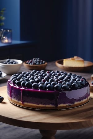 Delicious giant blueberry cheesecake on a dining table in the kitchen, comfortable light ,romantic light, ultra details ,photorealistic, realistic ,gel lighting, Cinematic, Filmic, medium shot, 4k, Front-light, Cinematic Lighting, volumetric Light, Ray Tracing Reflections, Chromatic Aberration, photography, hyper realistic, 4k, 8k,closeup , 
