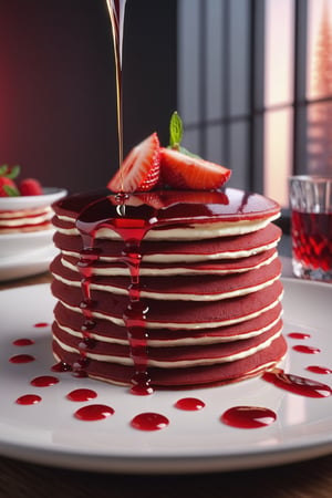 Delicious plate of tall red velvet pancakes on a dining table in the kitchen, syrup on pancakes, comfortable light ,romantic light, ultra details ,photorealistic, realistic ,gel lighting, Cinematic, Filmic, medium shot, 4k, Front-light, Cinematic Lighting, volumetric Light, Ray Tracing Reflections, Chromatic Aberration, photography, hyper realistic, 4k, 8k,closeup , 
