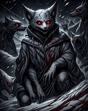 darkart, fox, snowing, scary, disturbing, chilling, horrified ,darkart,modelshoot style,scary,dark, blood, red_eyes, 