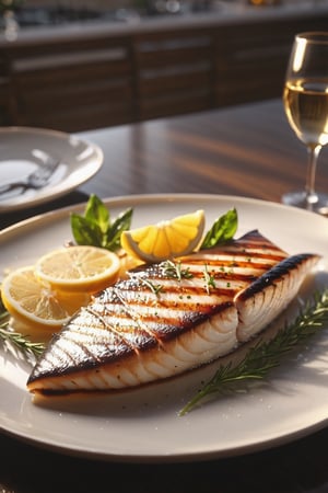Delicious plate of grilled shark on a dining table in the kitchen, comfortable light ,romantic light, ultra details ,photorealistic, realistic ,gel lighting, Cinematic, Filmic, medium shot, 4k, Front-light, Cinematic Lighting, volumetric Light, Ray Tracing Reflections, Chromatic Aberration, photography, hyper realistic, 4k, 8k,closeup 
