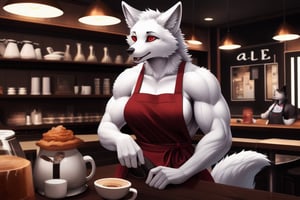 masterpiece, \(high, top, insane, extreme, perfect, Professional\)_\(quality, resolution, details, Image_sharpness\), intricate, high_\(quality_textures, resolution_textures\), absurdres, sharp details, award_winning, 8k uhd, realistic, female, arctic_fox, white_fur, café, red_eyes, apron, slit_pupils, muscular, tall, fox_tail, finger_claws, 