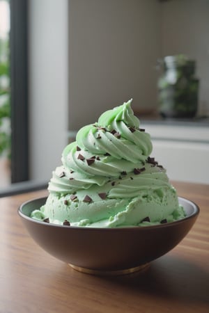 Delicious bowl of tall mint chocolate chip ice cream on a dining table in the kitchen, comfortable light ,romantic light, ultra details ,photorealistic, realistic ,gel lighting, Cinematic, Filmic, medium shot, 4k, Front-light, Cinematic Lighting, volumetric Light, Ray Tracing Reflections, Chromatic Aberration, photography, hyper realistic, 4k, 8k,closeup , 
