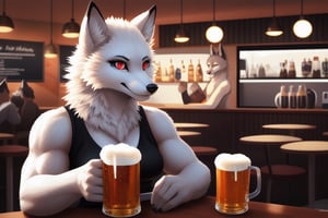 masterpiece, \(high, top, insane, extreme, perfect, Professional\)_\(quality, resolution, details, Image_sharpness\), intricate, high_\(quality_textures, resolution_textures\), absurdres, sharp details, award_winning, 8k uhd, realistic, female, arctic_fox, white_fur, café, red_eyes, tortora, slit_pupils, blue_pupils,muscular, tall, fox_tail, finger_claws, fox_eyeliner, beer_mug, 