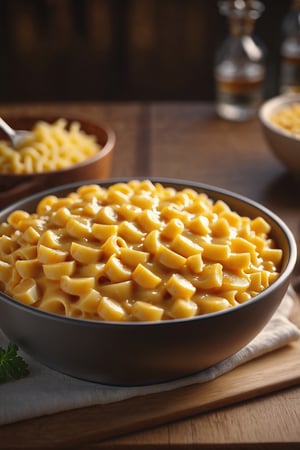 Delicious bowl of mac and cheese with meat on a dining table in the kitchen, comfortable light ,romantic light, ultra details ,photorealistic, realistic ,gel lighting, Cinematic, Filmic, medium shot, 4k, Front-light, Cinematic Lighting, volumetric Light, Ray Tracing Reflections, Chromatic Aberration, photography, hyper realistic, 4k, 8k,closeup , 
