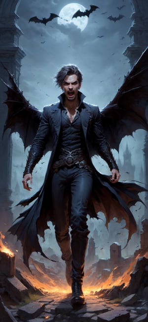 vampre, screaming with rage, (walking through graveyard), bats in background, sprinting, torn flesh, tattered clothes, fantasy magic, undercut hairstyle, dark light night, intricate, elegant, sharp focus, illustration, highly detailed, digital painting, concept art, matte, art by wlop and artgerm and greg rutkowski and alphonse mucha, masterpiece, monster