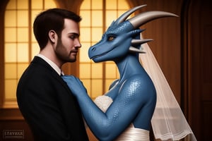 realistic, anthro/human, dragon, couple, wedding, blue_scales, 