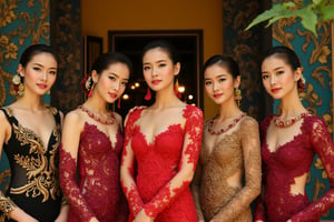 A stunning scene unfolds as five Korean girls pose against the vibrant backdrop of a Javanese house. Each girls wears a unique yet harmonious assortment of see-through kebaya, featuring deep V-necklines, long skirts, and sleeveless designs that showcase their toned physiques. The models' hair is tied up in elegant buns, adorned with intricate ornaments that add to the overall opulence. The camera zooms in on each girl's face, highlighting their porcelain-like skin, flawless features, and piercing eyes that seem almost too beautiful to be real. The scene is bathed in a warm, golden light, accentuating the girls' curves and creating a sense of intimacy, different face, looking on viewer.