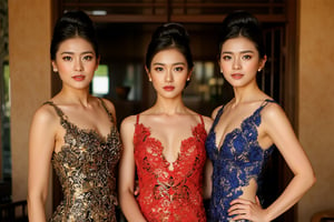 A stunning scene unfolds as three Korean girls pose against the vibrant backdrop of a Javanese house. Each wears a unique yet harmonious assortment of see-through kebayas, featuring deep V-necklines, long skirts, and sleeveless designs that showcase their toned physiques. The models' hair is tied up in elegant buns, adorned with intricate ornaments that add to the overall opulence. The camera zooms in on each girl's face, highlighting their porcelain-like skin, flawless features, and piercing eyes that seem almost too beautiful to be real. The scene is bathed in a warm, golden light, accentuating the girls' curves and creating a sense of intimacy.