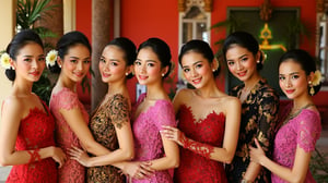 A stunning scene unfolds as six Korean girls pose against the vibrant backdrop of a Javanese house. Each girls wears a unique yet harmonious assortment of see-through kebaya, featuring deep V-necklines, long skirts, and sleeveless designs that showcase their toned physiques. The models' hair is tied up in elegant buns, adorned with intricate ornaments that add to the overall opulence. The camera zooms in on each girl's face, highlighting their porcelain-like skin, flawless features, and piercing eyes that seem almost too beautiful to be real. The scene is bathed in a warm, golden light, accentuating the girls' curves and creating a sense of intimacy, different face, looking on viewer, perfect hads.