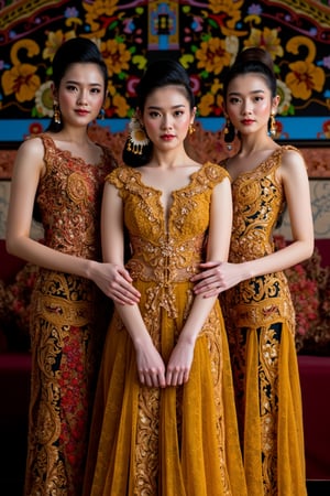 A stunning scene unfolds as one Korean girl pose against the vibrant backdrop of a Javanese house. wear a unique yet harmonious assortment of see-through kebaya, featuring deep V-necklines, long skirts, and sleeveless designs that showcase their toned physiques. The models' hair is tied up in elegant buns, adorned with intricate ornaments that add to the overall opulence. The camera zooms in on each girl's face, highlighting their porcelain-like skin, flawless features, and piercing eyes that seem almost too beautiful to be real. The scene is bathed in a warm, golden light, accentuating the girl curves and creating a sense of intimacy, looking on viewer, perfect hads, front body view.