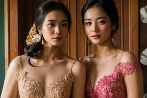 A stunning scene unfolds as three Korean girls pose against the vibrant backdrop of a Javanese house. Each wears a unique yet harmonious assortment of see-through kebayas, featuring deep V-necklines, long skirts, and sleeveless designs that showcase their toned physiques. The models' hair is tied up in elegant buns, adorned with intricate ornaments that add to the overall opulence. The camera zooms in on each girl's face, highlighting their porcelain-like skin, flawless features, and piercing eyes that seem almost too beautiful to be real. The scene is bathed in a warm, golden light, accentuating the girls' curves and creating a sense of intimacy.