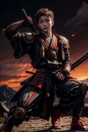 Realistic, (masterpiece1.2), (Ultra HDR quality),  the (Tom Holland) with japanese samurai suit, sengoku era, katanas, perfect samurai suit, full body shot,cinematic pose, detailed face, detailed body