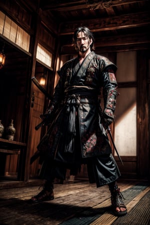 Realistic, (masterpiece1.2), (Ultra HDR quality),  the Keanu Reeves with japanese samurai suit, sengoku era, katanas, perfect samurai suit, full body shot