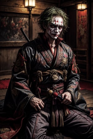 Realistic, (masterpiece1.2), (Ultra HDR quality),  the joker with japanese samurai suit, sengoku era, katanas, perfect samurai suit, full body shot