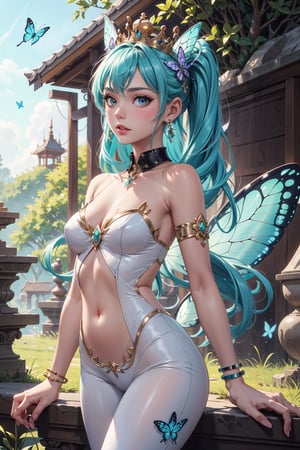 solo, Pretty girl posing elegant, elegant, masterpiece, high quality, stylized, extremely detailed, ,anzhcmiku, beautiful face, forest, flowers, birds, grass, puffy sheets, ,fairy, fairy wings, butterflies, white  catsuit, collar, silver jewelry, (temple stone background), goddess, bracelet, earring, tiny_crown,butterfly_wings, saphire, jewels, gem, belly, shoulder