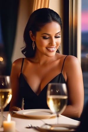 Warm golden light spills from the window frame onto Captain Rachel's relaxed dinner date. Her radiant smile illuminates the candlelit ambiance, loose black hair cascading down her back as she reclines in an elegant dress with moderate cleavage. Playful teasing sparkles in her eyes as she engages with her boyfriend across the table, their gazes locked in flirtatious connection. Golden light dances across their faces, casting a cozy glow on the intimate dinner scene.