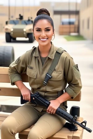 A 25-year-old woman with long dark brown hair styled in an elegant bun. She has light skin and a joyful expression with a bright smile. Her face features are soft yet defined, with a slightly pointed chin, high cheekbones, and a more pronounced, slightly hooked nose that reflects her Jewish heritage. She has almond-shaped brown eyes that sparkle with warmth. She is wearing full battle dress, including a military uniform with camouflage patterns, a tactical vest, and a helmet. She has a sidearm holstered at her waist and a rifle slung over her shoulder. She is sitting on a bench in a military base environment with barracks and vehicles in the background, smiling and looking relaxed, enjoying a peaceful moment. The overall scene should have a professional and realistic feel, with natural lighting and a sense of readiness,(((photorealism:1.4)))