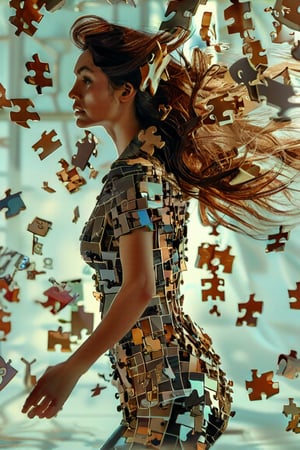 hyperrealistic, best quality, masterpiece, analog film photo, studio lighting. A commercial photography of a hyper-realistic digital artwork featuring a female model composed of puzzle pieces. The right side of her figure is artistically depicted as being blown away, scattering into the air. Her expression is serene, contrasting with the dynamic disassembly of her form. The pieces are finely detailed, each reflecting light uniquely, adding a sense of depth and complexity to the image. The color scheme of the artwork is subtle, with natural tones that emphasize the surreal yet delicate nature of the scene.