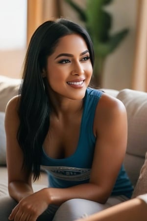 A warm and inviting living room setting, soft golden light streaming in from the window, casting a flattering glow on Captain Rachel' s smiling face. Her long black hair is loose, She reclines on the couch, wearing a tank top and a cozy pair of sweatpants, playful teasing dancing in her eyes as she flirts with her boyfriend, who sits beside her, his eyes locked onto hers.