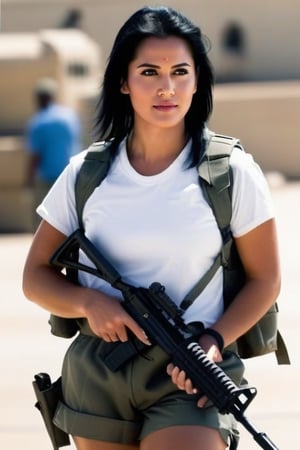 Female army officer, in white teeshirt, army shorts and boots, (((black hair is loose:1.4))),  looking away from camera, hair loose, carrying assault-rifle, (((no backpack:1.4))), 