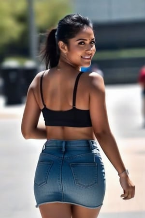 Sexy female, hair loose, black hair, sports bra, tight denim skirt, small hips, small ass, smile, 3/4-body_portrait, (((walking away from camera))), 